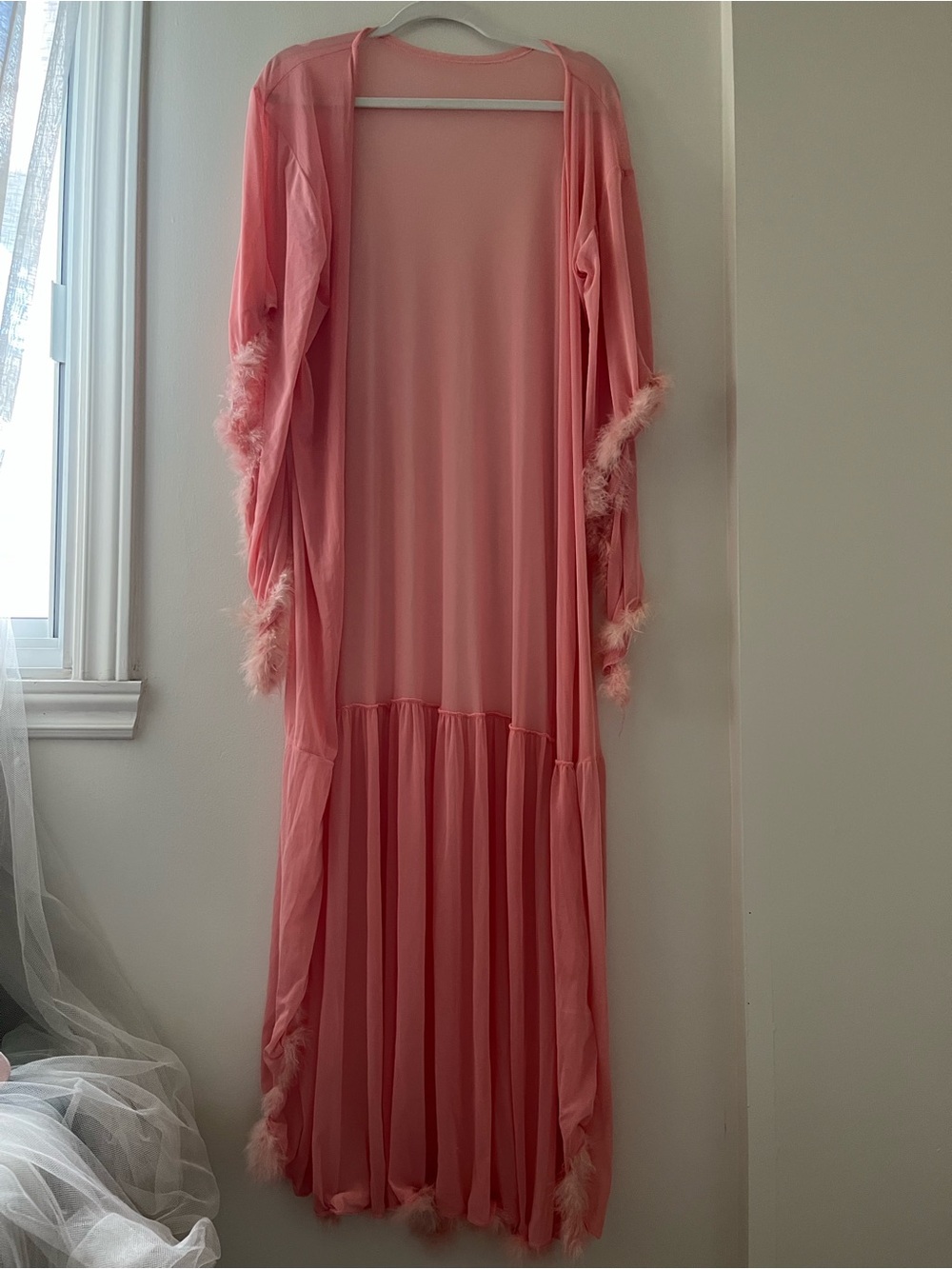 Pink Feather Trim Sheer Duster